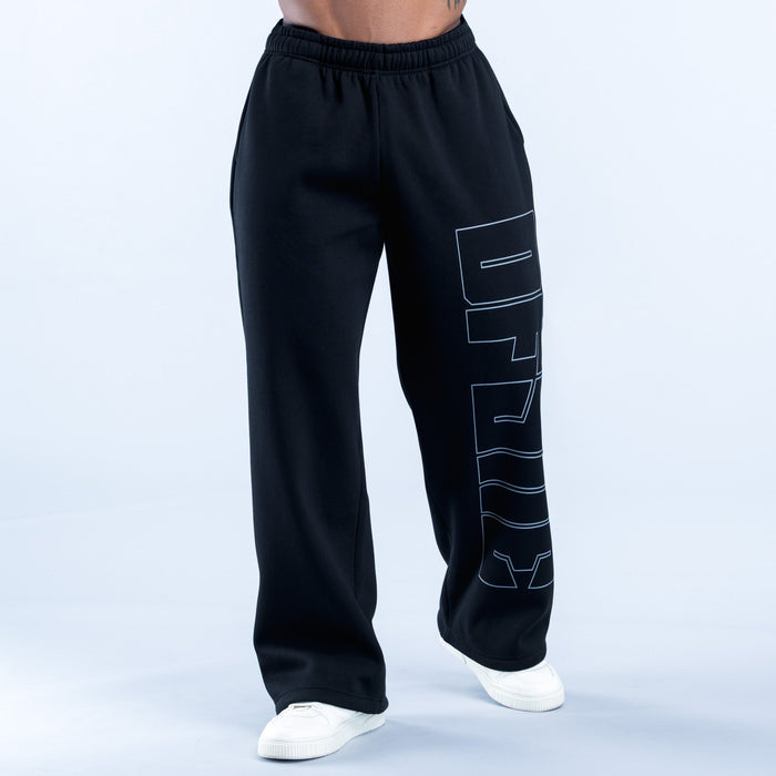 Black straight-leg joggers with elastic waistband and blue graphic side panel