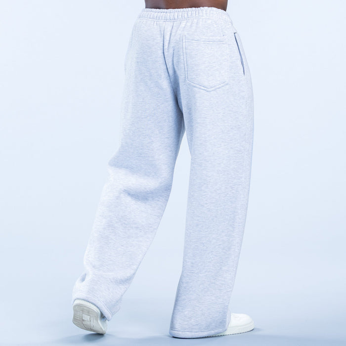 Light gray sweatpants with elastic waistband, slant pockets, and relaxed straight legs