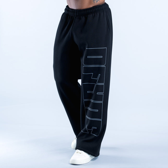 Black straight-leg joggers with blue outlined graphic on the side