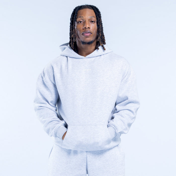 Light gray pullover hoodie with drawstring hood and kangaroo pocket.