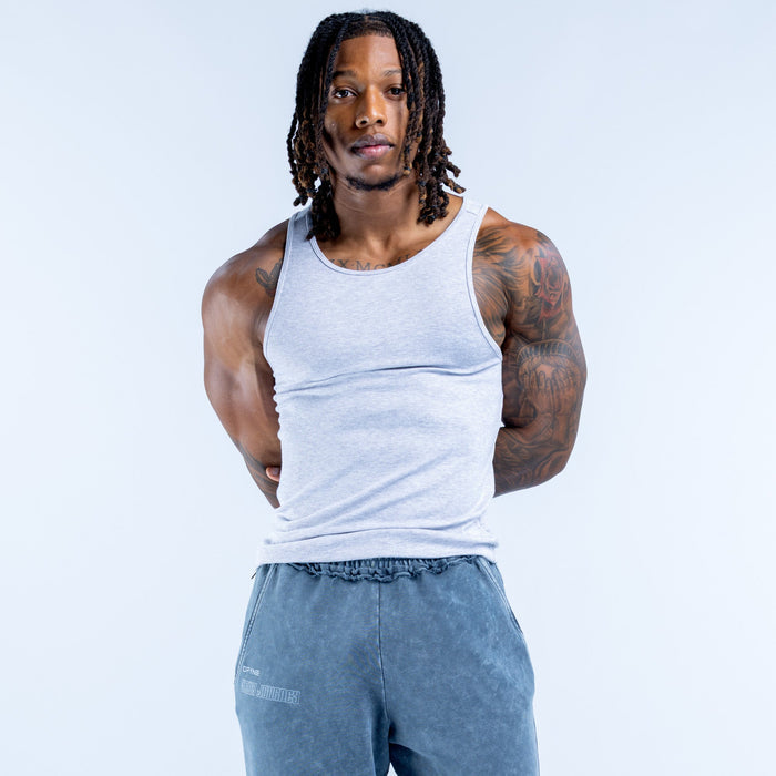Light blue ribbed sleeveless vest with crew neck, worn on model