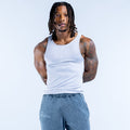 Light blue ribbed sleeveless vest with crew neck, worn on model