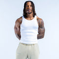 White ribbed tank top with crew neck and sleeveless design