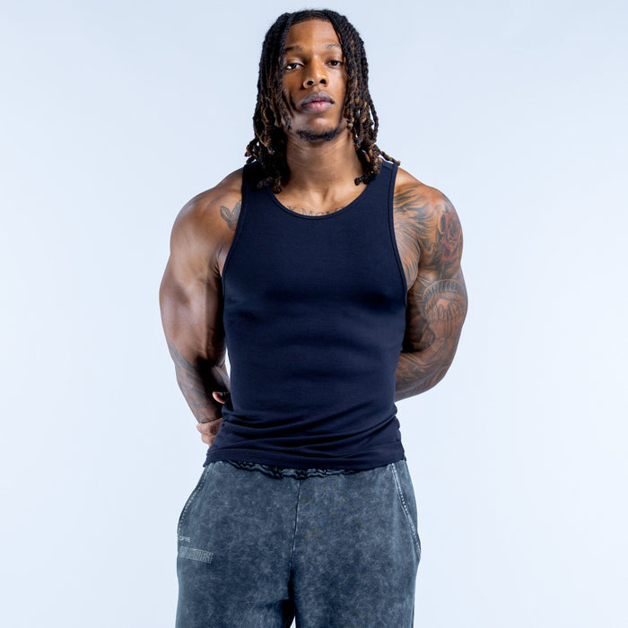 Navy ribbed sleeveless vest with crew neck, fitted knit