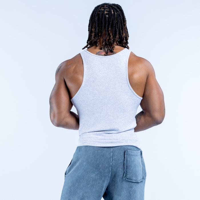 Light blue ribbed sleeveless vest, back view with crew neck
