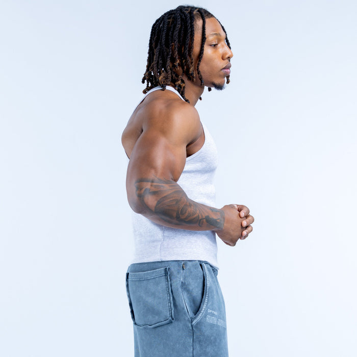 Light blue ribbed sleeveless vest with crew neck, side view
