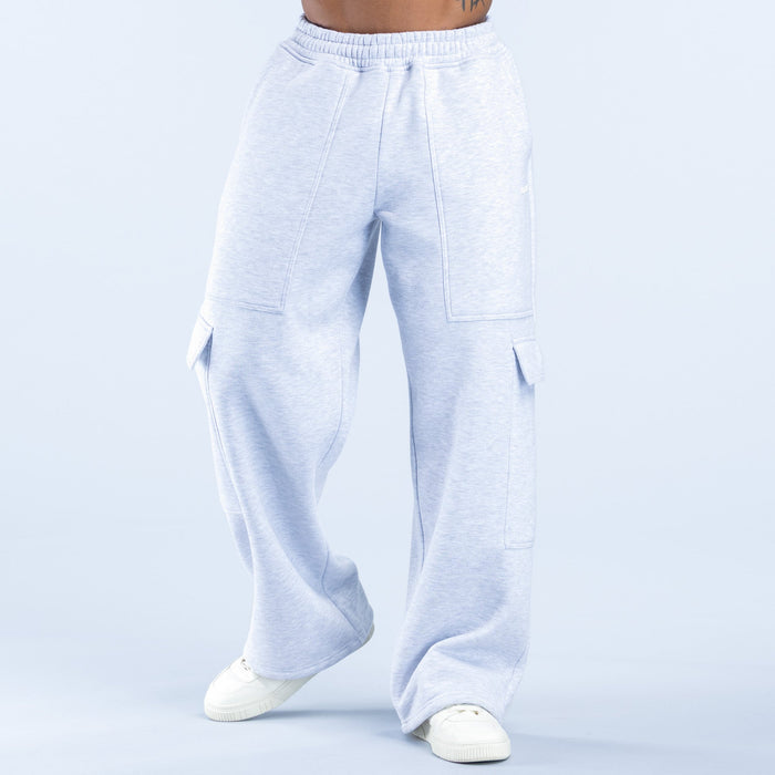 Light blue straight-leg cargo joggers with elastic waistband and front drawstring