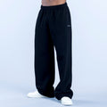 Dark straight-leg joggers with elastic waistband and draped fabric