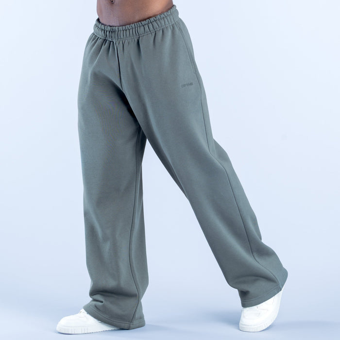 Sage green straight-leg joggers with elastic waistband and side pockets