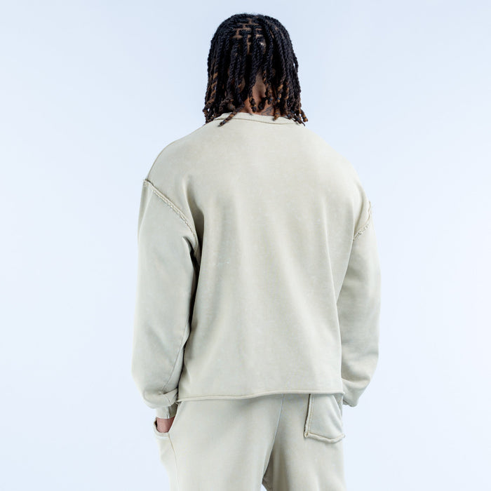 Washed light-green crewneck sweatshirt viewed from back with logo graphic