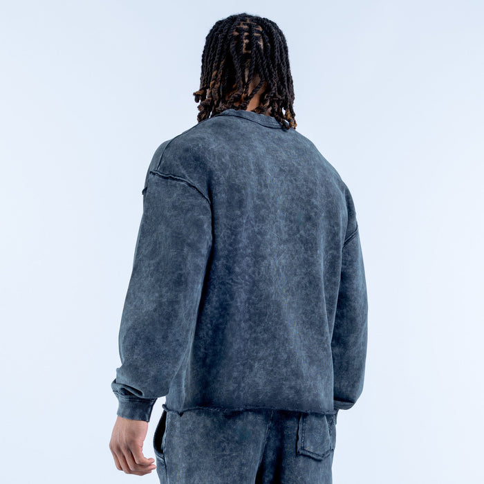 Washed crewneck sweatshirt, back view, long sleeves, dark blue-gray