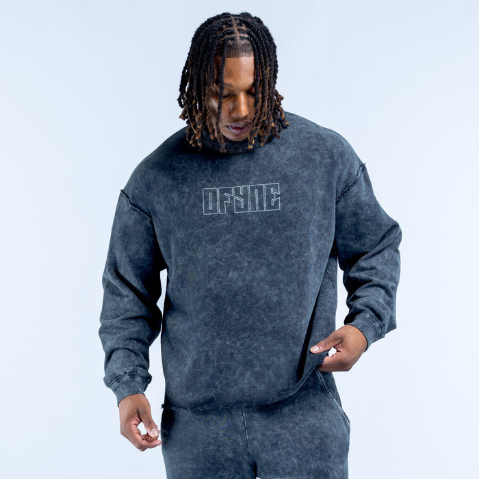 Washed crewneck sweatshirt with chest logo, long sleeves, dark blue-gray, relaxed fit