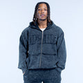 Dark gray washed zip hoodie with hood, front zip, and bold chest lettering
