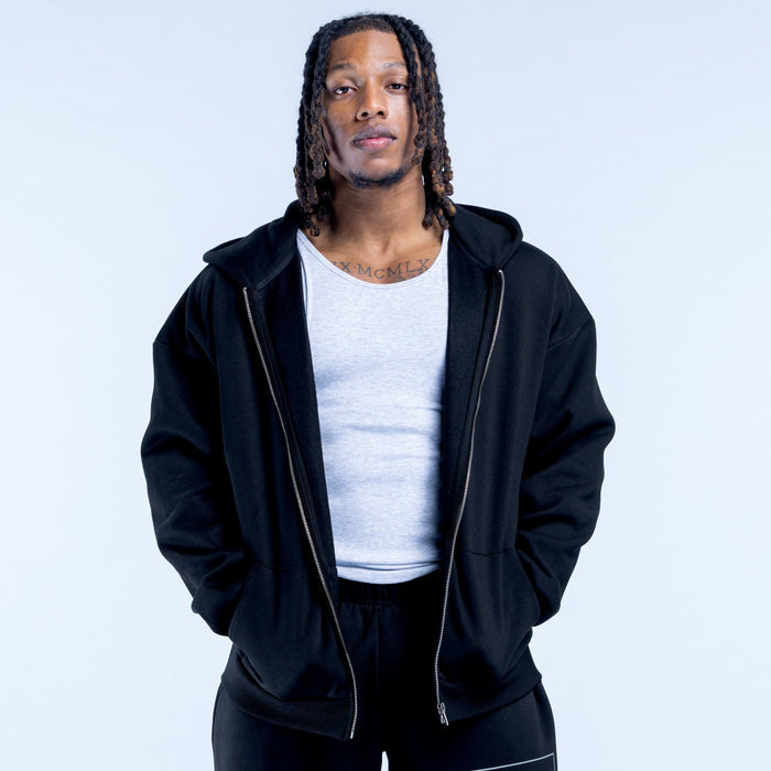 Black zip-up hoodie with hood and full-length zipper, drawcord, front logo