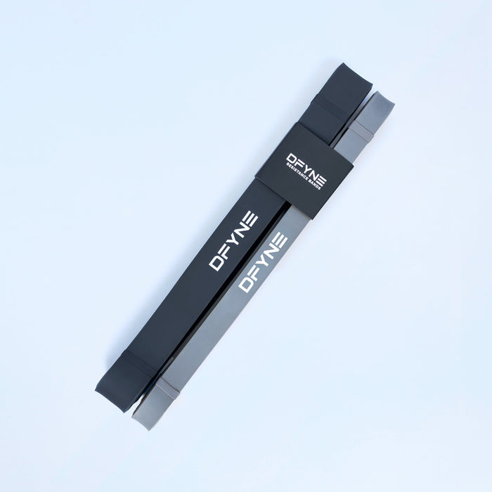 Resistance bands 2-pack: two flat black loop bands with printed DEYNE branding