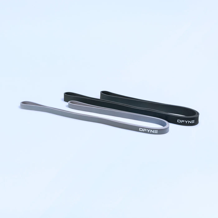 Resistance bands 2-pack: black and gray loop bands laid flat with DEYNE text