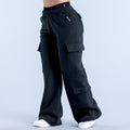 Black cargo jogger pants with elastic waistband and side cargo pockets, loose fit.