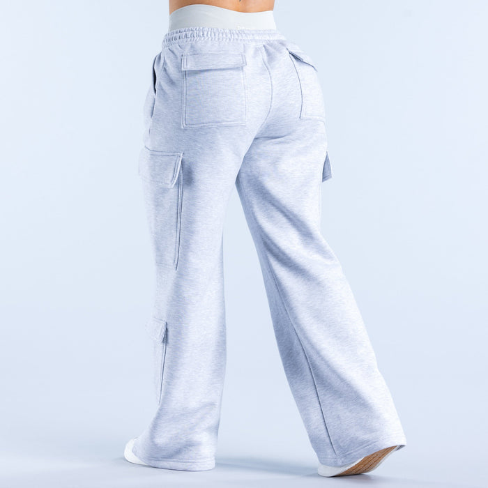 Light blue cargo jogger pants, back view with flap cargo pockets and elastic waist