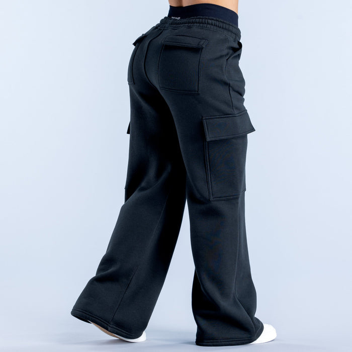 Black cargo jogger pants with large cargo pocket on the thigh and elastic waistband.