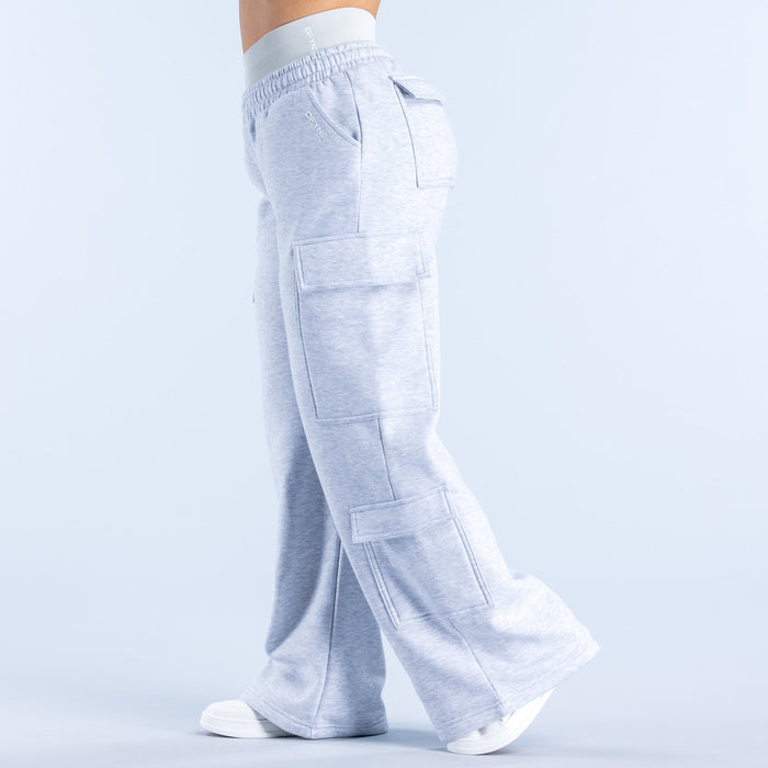 Light blue cargo jogger pants with patch pocket panels and elastic ankle cuffs