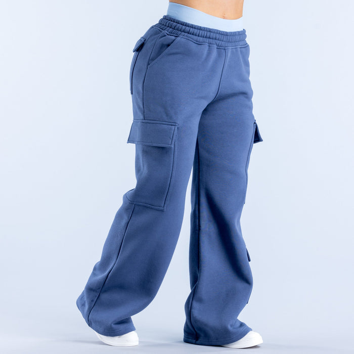 Navy-blue cargo jogger pants with patch cargo pockets and relaxed tapered legs