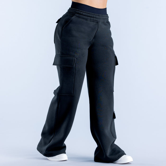 Black cargo jogger pants with multiple cargo pockets on each leg and ankle-length hem.