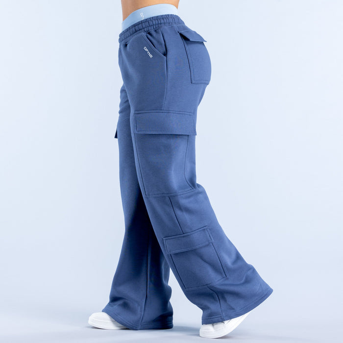 Navy-blue cargo jogger pants, side view with multiple cargo pockets and wide leg hem