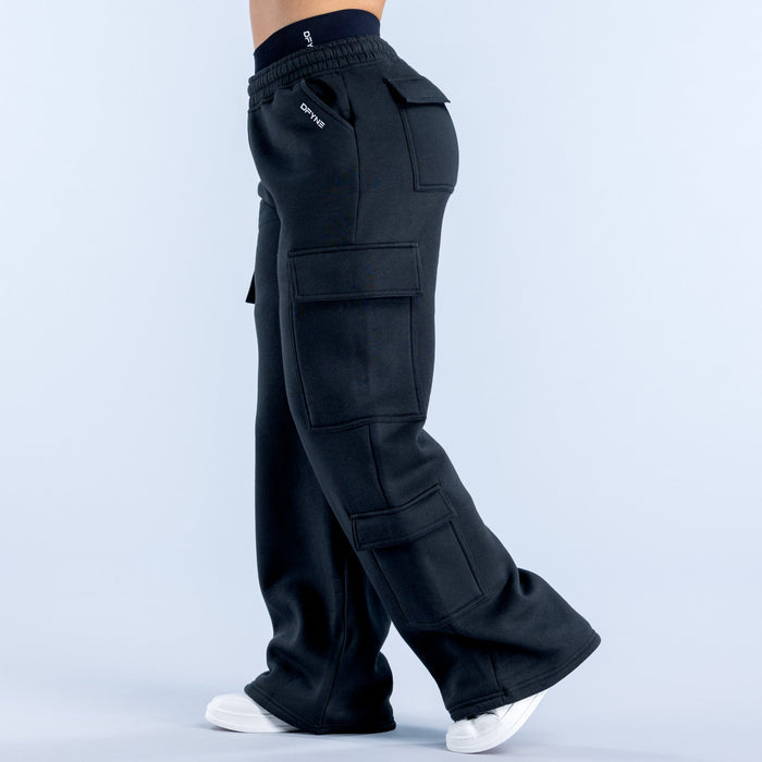 Black cargo jogger pants with side and thigh cargo pockets, wide leg opening.