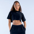 Black cropped graphic tee with short sleeves and crew neck