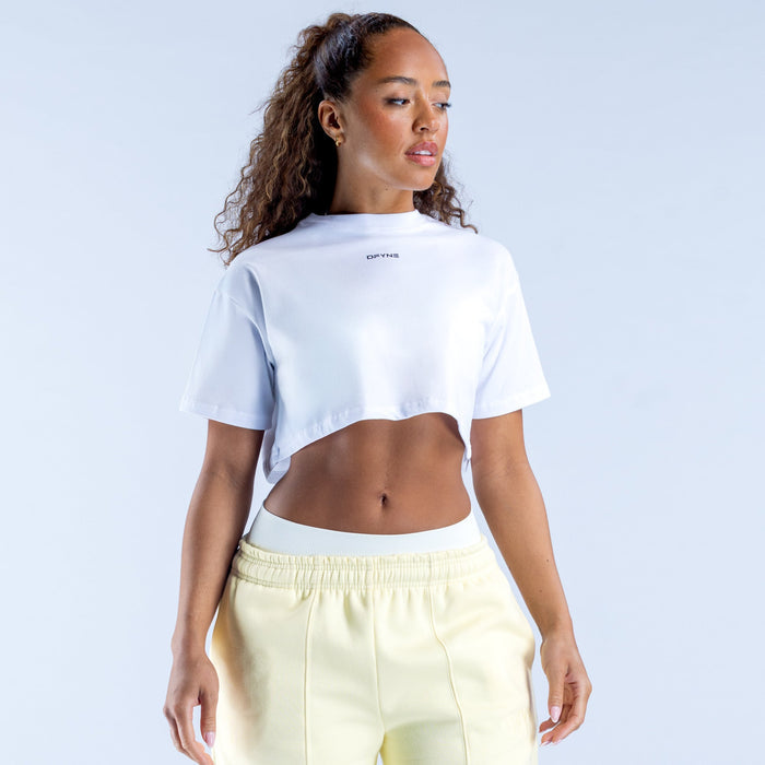 White cropped crew-neck tee with short sleeves, angled back view