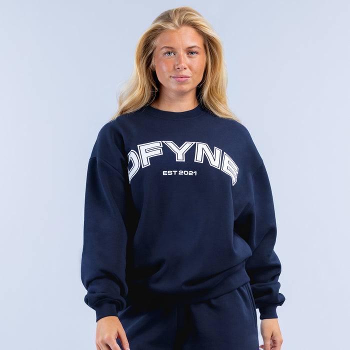 Navy crewneck graphic sweatshirt with DFYNE logo and EST 2021 print, ribbed cuffs