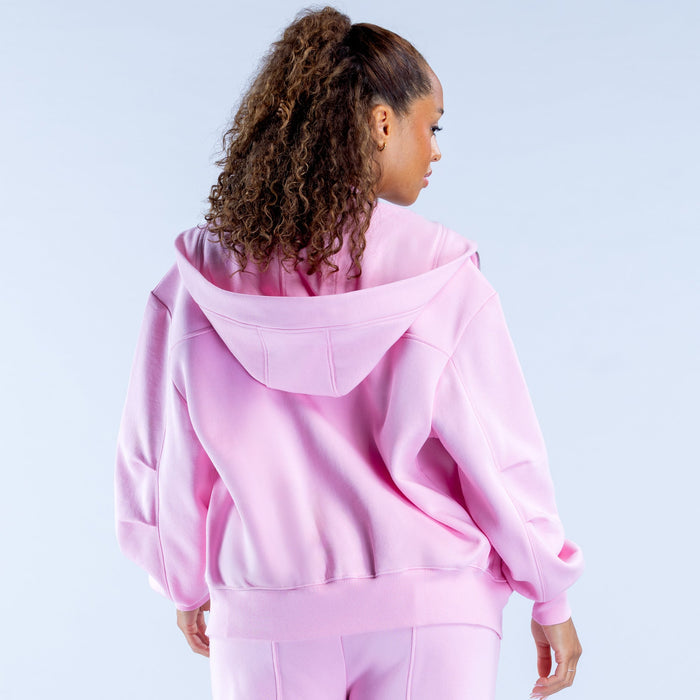Lilac zip-front hoodie with hood and back view