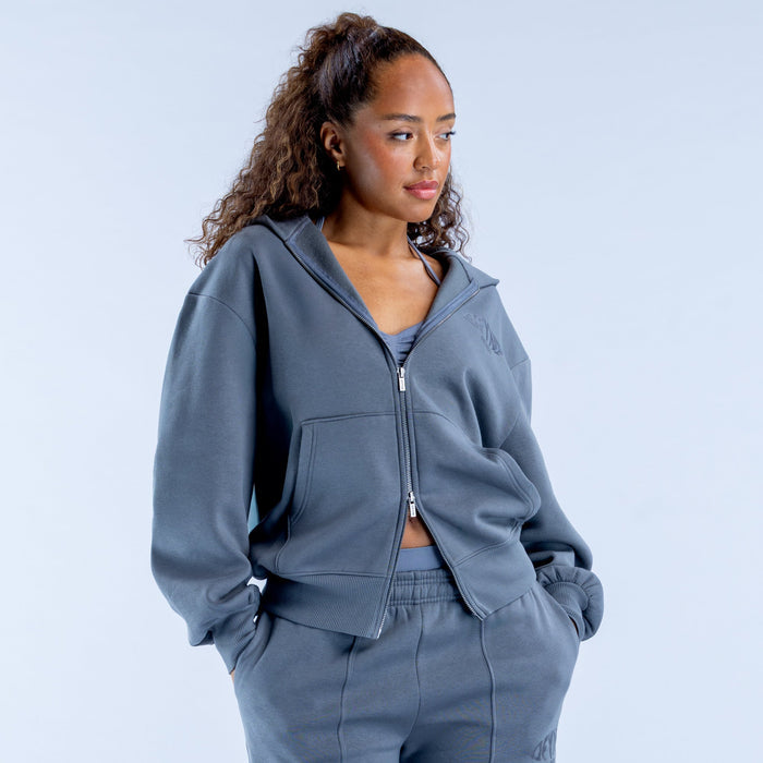 Blue zip hoodie with full zipper, hood, and kangaroo pocket detail