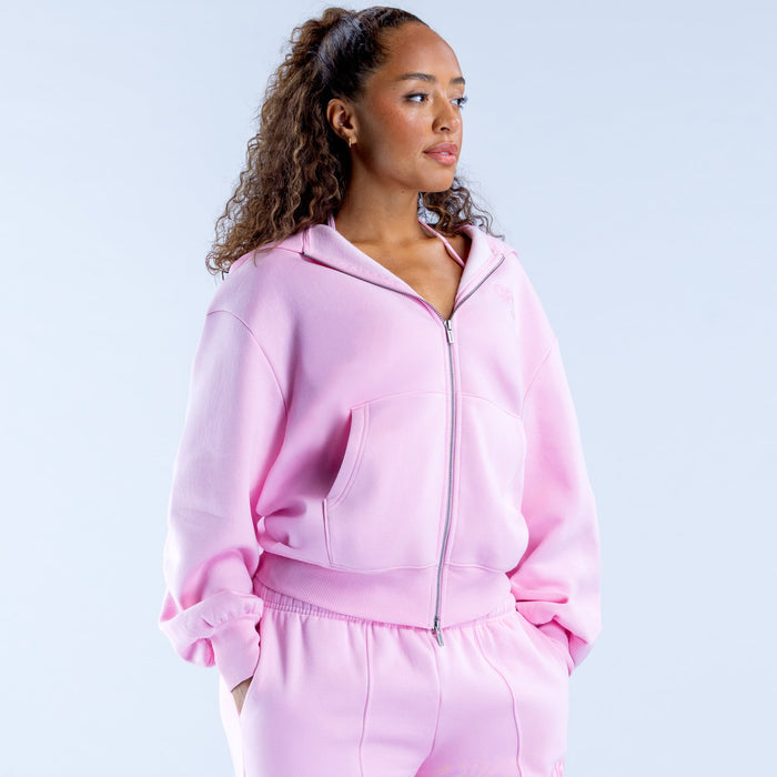 Lilac zip-front hoodie with kangaroo pocket and ruffled waist detail