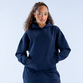 Dark navy pullover hoodie with hood and kangaroo front pocket, long sleeves
