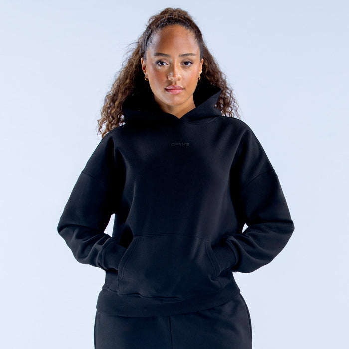 Black pullover hoodie with hood and kangaroo pocket