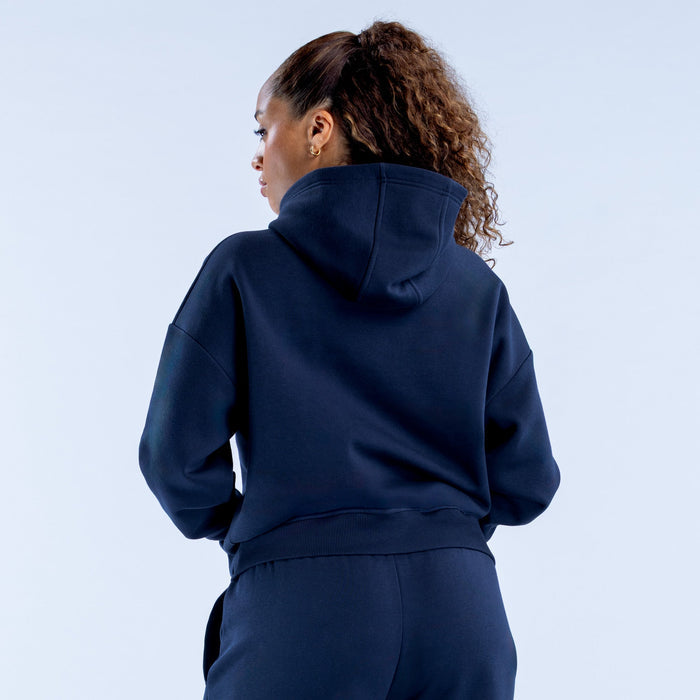 Dark navy hoodie back view with hood and kangaroo pocket opening, long sleeves
