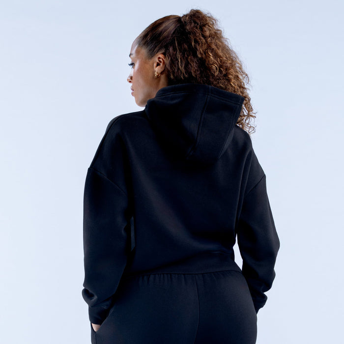 Black pullover hoodie, back view with hood and kangaroo pocket