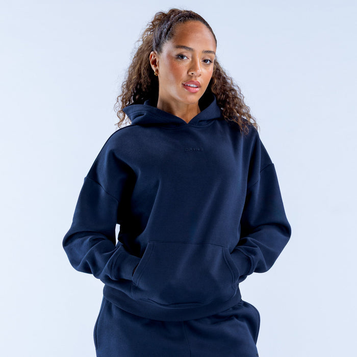 Dark navy pullover hoodie with hood and kangaroo pocket, relaxed fit