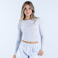 Light gray ribbed long-sleeve crop top with round neckline