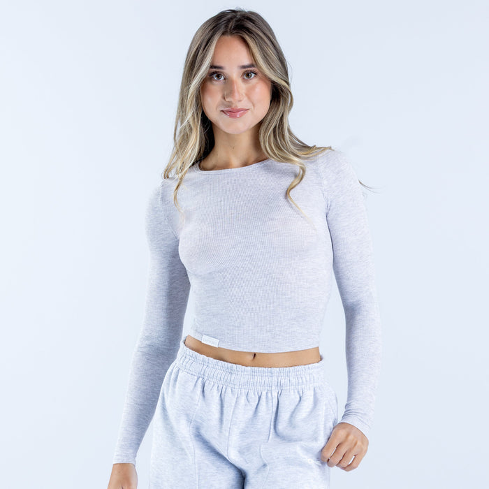 Light gray ribbed long-sleeve crop top with round neckline