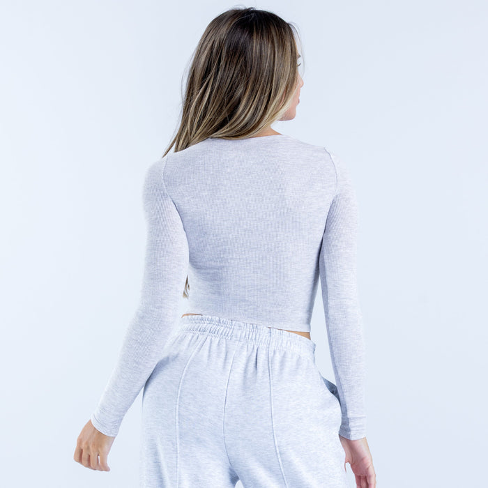 Light gray ribbed long-sleeve crop top, back view with round neckline