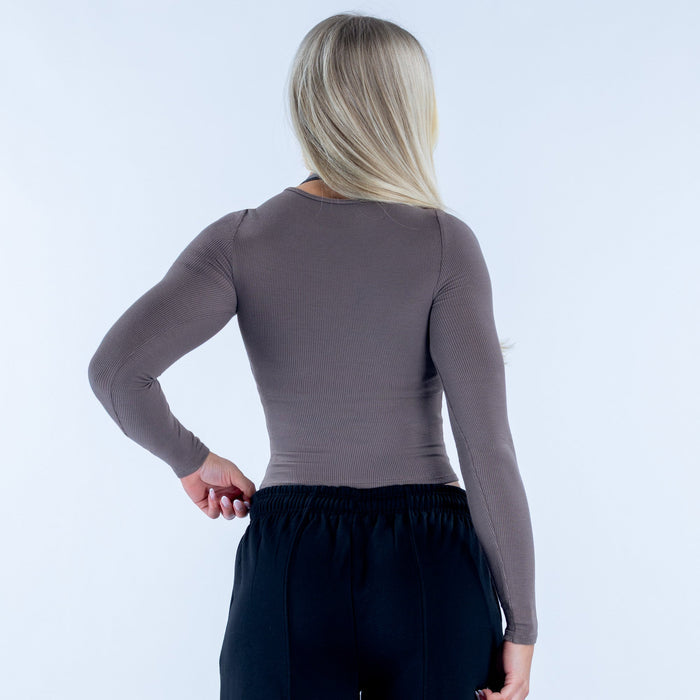 Taupe ribbed long-sleeve top with crew neck, back view