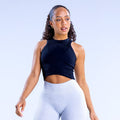 Black racerback crop top, sleeveless athletic tank with high neckline
