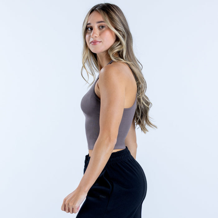 Ribbed halter vest side view, dark taupe sleeveless top with cropped fit