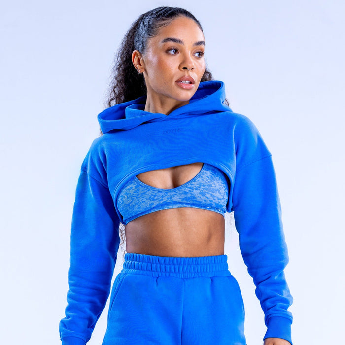 Blue super crop hoodie with hood, long sleeves, and midriff cutout
