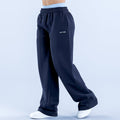 Navy wide-leg jogger pants with elastic waistband and small front logo