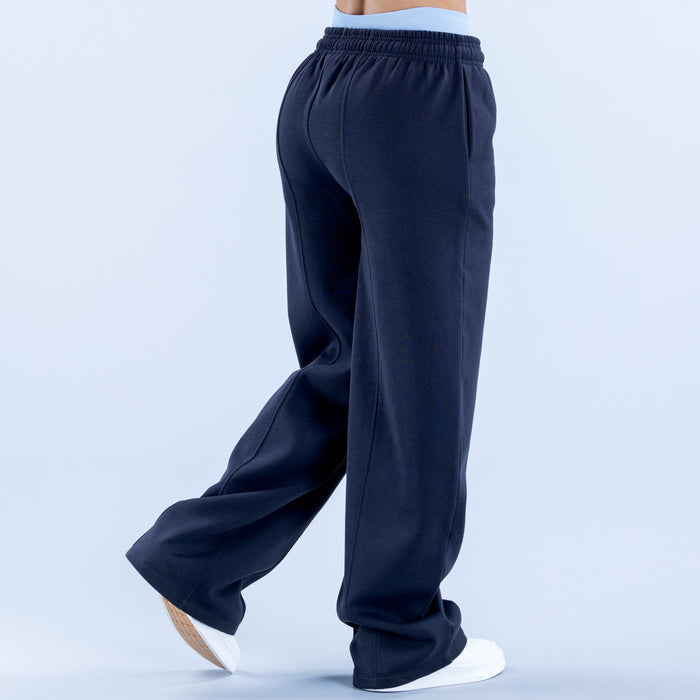 Navy wide-leg jogger pants with side seam detail and cuffed hem