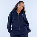 Navy full-zip hoodie with hood and front pockets