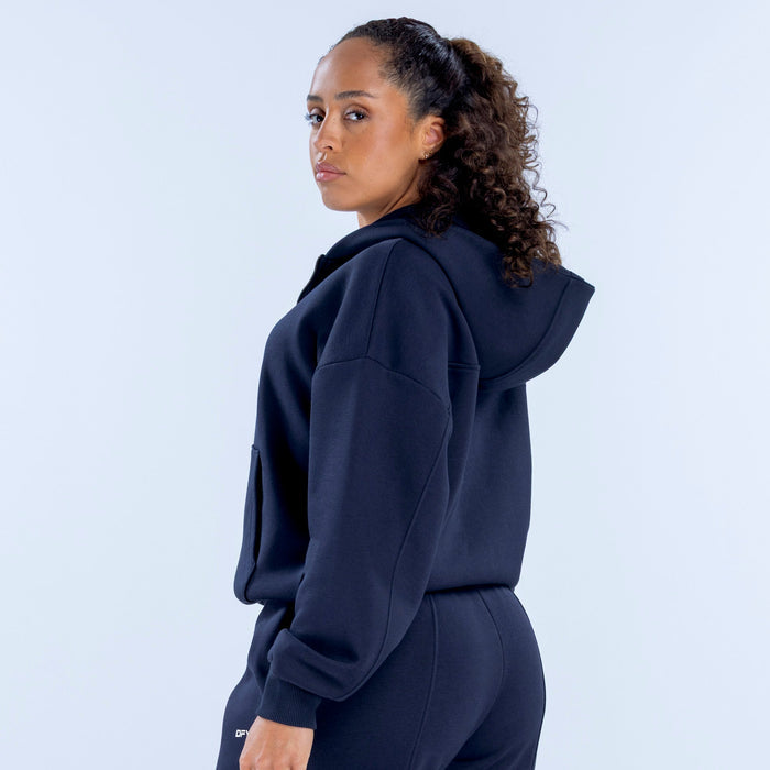 Navy zip hoodie with hood, side view, long sleeves